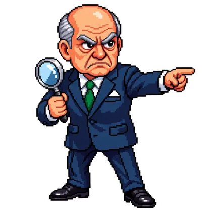 Antunes, o robô auditor de IA do site, desenhado em pixel art: senhor de terno com lupa